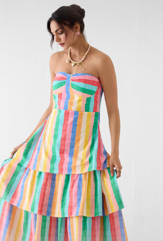 Leher rainbow print tiered off shoulder dress
