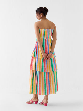 Leher rainbow print tiered off shoulder dress
