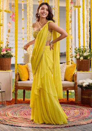 Sunshine yellow pre-draped sari and blouse