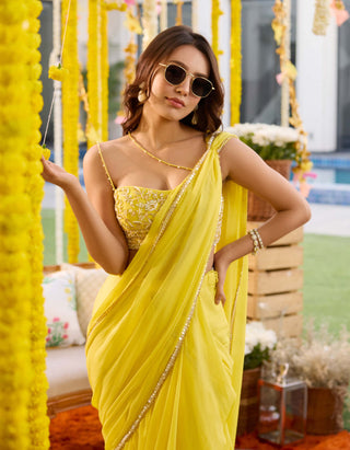 Sanya Gulati-Sunshine Yellow Pre-Draped Sari And Blouse-INDIASPOPUP.COM