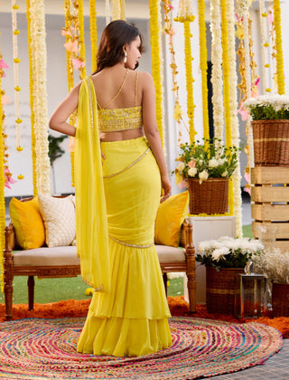 Sanya Gulati-Sunshine Yellow Pre-Draped Sari And Blouse-INDIASPOPUP.COM