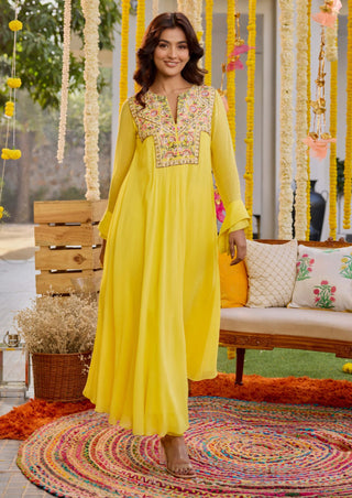 Sanya Gulati-Sunshine Yellow Asymmetric Kurta With Pants-INDIASPOPUP.COM