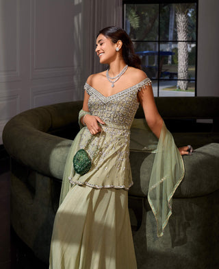 Sanya Gulati-Green Shimmer Peplum And Sharara Set-INDIASPOPUP.COM