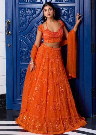 Sanya Gulati-Orange Tonal Embroidered Lehenga Set-INDIASPOPUP.COM
