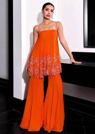 Sanya Gulati-Orange Floral Embroidery Top And Pants-INDIASPOPUP.COM