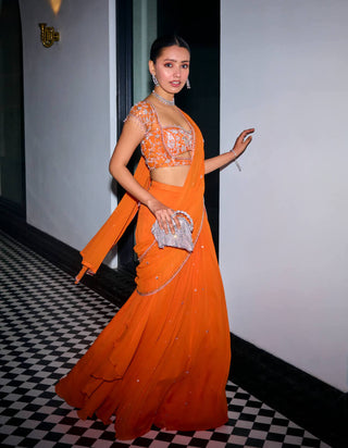 Sanya Gulati-Orange Pre-Draped Sari Set-INDIASPOPUP.COM