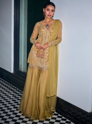 Sanya Gulati-Gold Tonal Embroidered Kurta And Sharara Set-INDIASPOPUP.COM