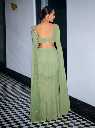 Sanya Gulati-Sage Green Stitched Sari Set-INDIASPOPUP.COM