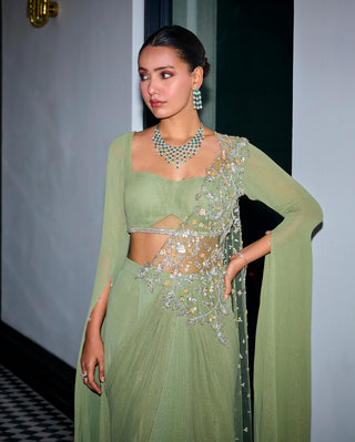 Sanya Gulati-Sage Green Stitched Sari Set-INDIASPOPUP.COM