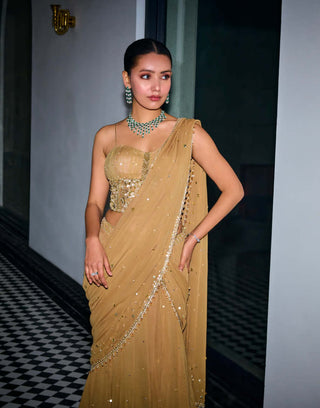 Sanya Gulati-Gold Sequins Tiered Sari With Corset-INDIASPOPUP.COM