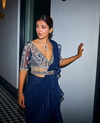 Sanya Gulati-Midnight Blue Ruffle Sari Set-INDIASPOPUP.COM