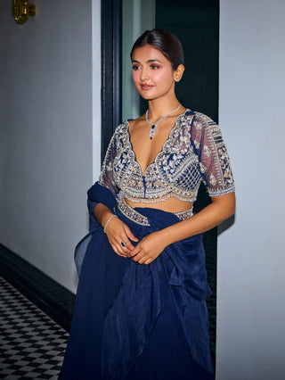 Sanya Gulati-Midnight Blue Ruffle Sari Set-INDIASPOPUP.COM