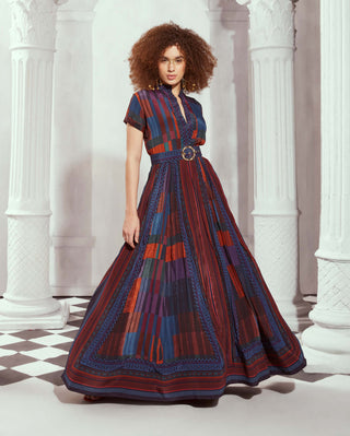 Nikita Mhaisalkar-Tangerine Tile Print Long Dress With Belt-INDIASPOPUP.COM