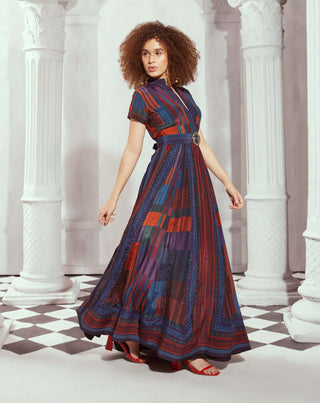 Nikita Mhaisalkar-Tangerine Tile Print Long Dress With Belt-INDIASPOPUP.COM