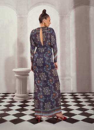 Nikita Mhaisalkar-Blue Mosiac Print Draped Maxi Dress-INDIASPOPUP.COM
