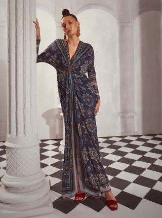 Blue mosiac print draped maxi dress