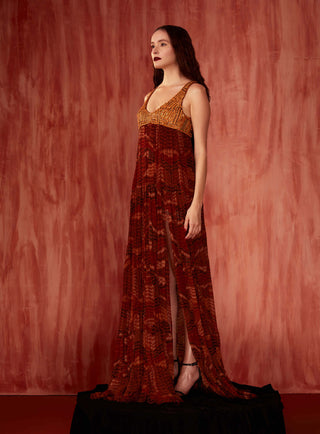 Nikita Mhaisalkar-Tangerine Byzantine Print Maxi Gown-INDIASPOPUP.COM