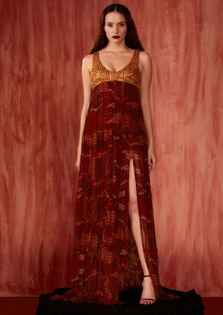 Tangerine byzantine print maxi gown