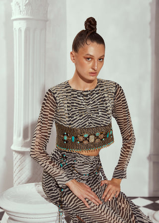 Nikita Mhaisalkar-Black & White Byzantine Crop Top And Draped Skirt-INDIASPOPUP.COM