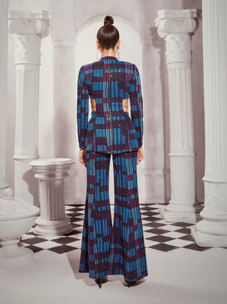 Nikita Mhaisalkar-Blue Tile Print Cutout Front Pantsuit Set-INDIASPOPUP.COM
