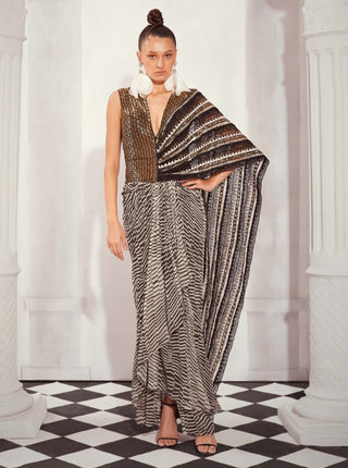 Nikita Mhaisalkar-Black & White Heavy Embellished Draped Sari-INDIASPOPUP.COM