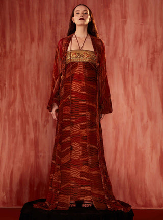 Tangerine byzantine halter maxi gown