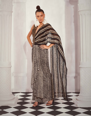 Nikita Mhaisalkar-Black & White Heavy Embellished Draped Sari-INDIASPOPUP.COM