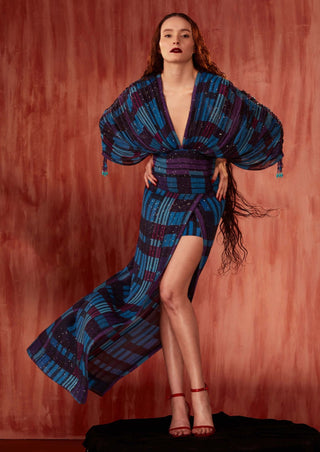 Nikita Mhaisalkar-Blue Tile Print Dress With Slit-INDIASPOPUP.COM