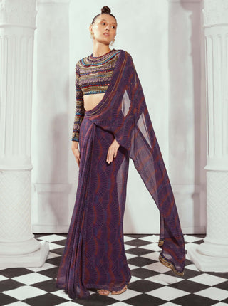Nikita Mhaisalkar-Multicolor Art Print Draped Sari-INDIASPOPUP.COM