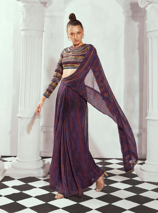 Nikita Mhaisalkar-Multicolor Art Print Draped Sari-INDIASPOPUP.COM