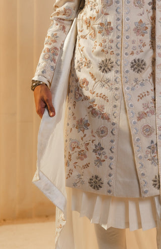 Ivory silk hand painted embroidered sherwani set