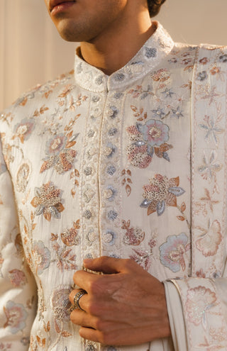 Ivory silk hand painted embroidered sherwani set