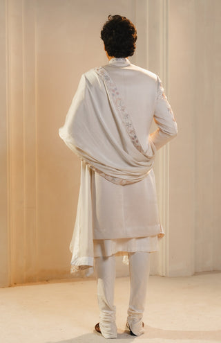 Ivory silk hand painted embroidered sherwani set