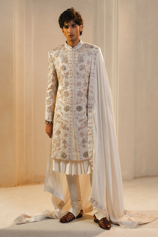 Ivory silk hand painted embroidered sherwani set