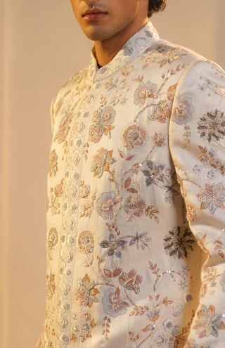 Ivory silk hand painted embroidered sherwani set