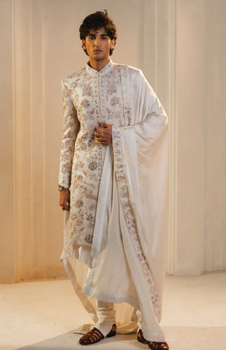 Ivory silk hand painted embroidered sherwani set