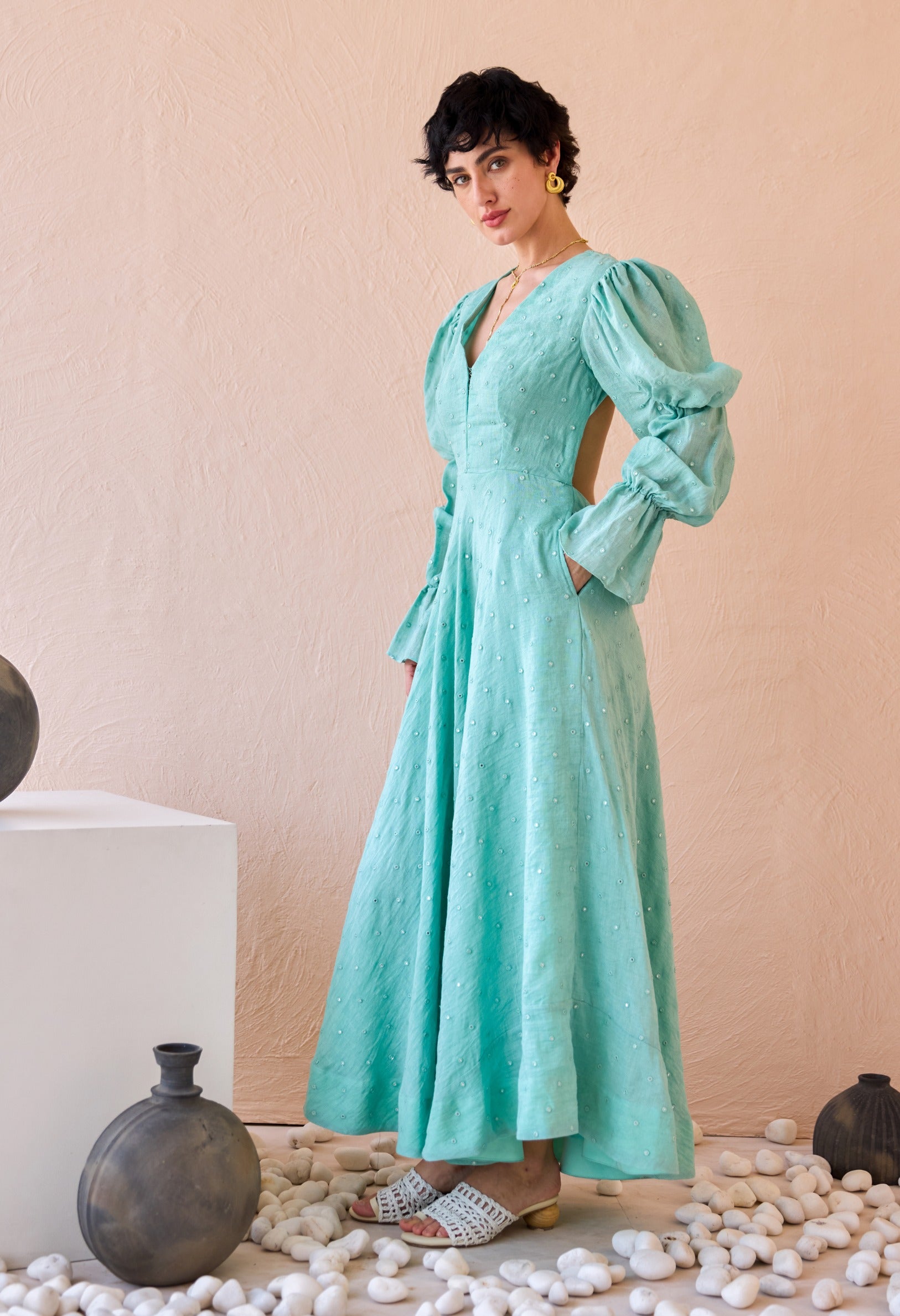 turquoise long dress with sleeves Soft turquoise maxi dress XL