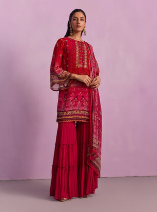 Afreen Crimson Red Sharara Set by Kalista available on Indiaspopup.com