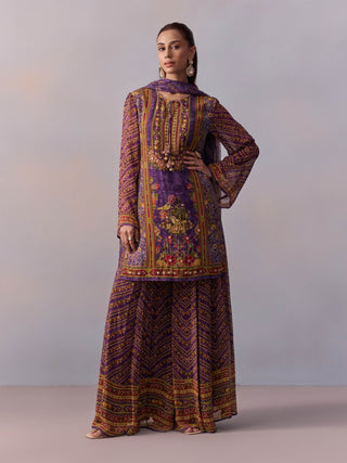 Asma Purple Short Kurta And Sharara Set by Kalista available on Indiaspopup.com