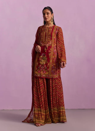 Asma red short kurta and sharara set