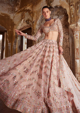Tamanna Punjabi Kapoor-Peach Georgette Chevron Embroidered Lehenga Set-INDIASPOPUP.COM