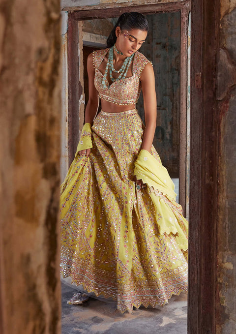 Bright Yellow Tussar Printed & Embroidered Lehenga Set Design by Basil Leaf  at Pernia's Pop Up Shop 2024