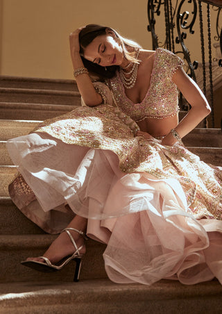 Ice Pink Mirror Lehenga Set by Tamanna Punjabi Kapoor available on Indiaspopup.com