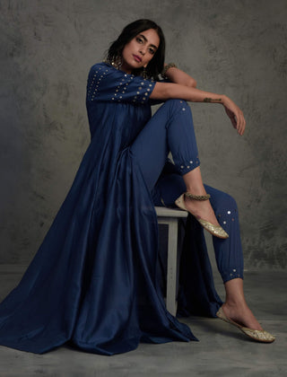 Sapphire Blue Angrakha Anarkali Set by Charkhee, available on Indiaspopup.com