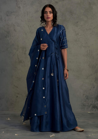 Sapphire Blue Angrakha Anarkali Set by Charkhee, available on Indiaspopup.com