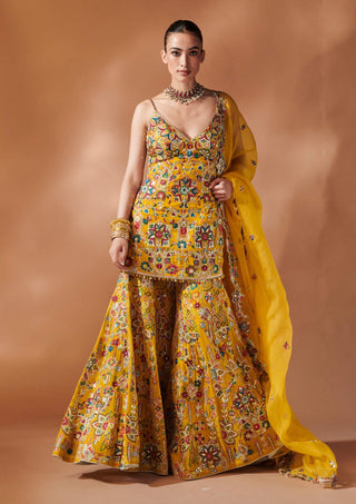 Mustard Embroidered Kurta And Sharara Set by Tamanna Punjabi Kapoor, available on Indiaspopup.com