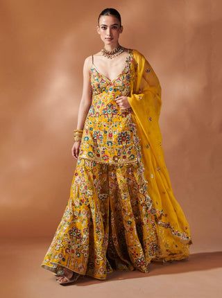 Mustard Embroidered Kurta And Sharara Set by Tamanna Punjabi Kapoor, available on Indiaspopup.com