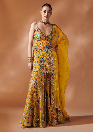 Mustard Embroidered Kurta And Sharara Set by Tamanna Punjabi Kapoor, available on Indiaspopup.com