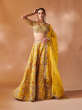 Mustard Embroidered Lehenga Set by Tamanna Punjabi Kapoor, available on Indiaspopup.com