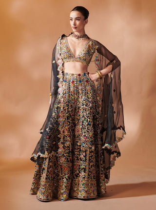 Black Embroidered Sharara And Cape Set by Tamanna Punjabi Kapoor, available on Indiaspopup.com